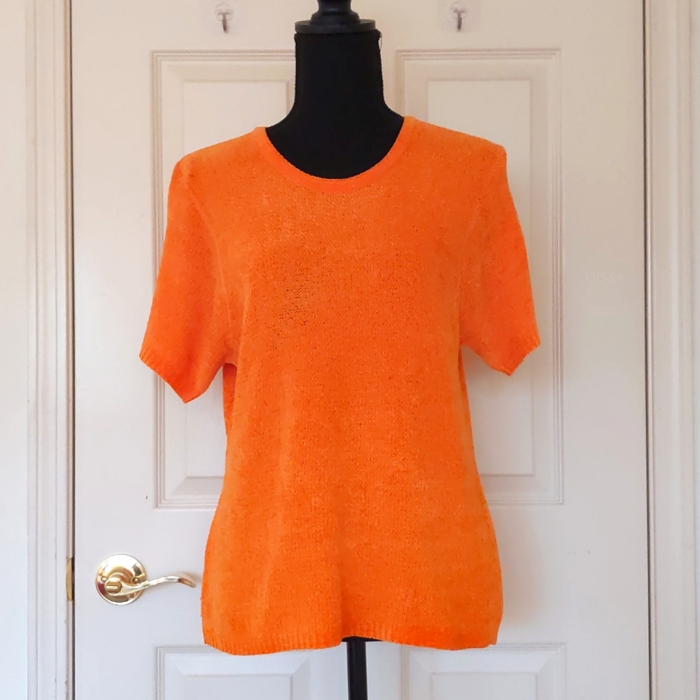 Uniform JohnPaulRichard Rayon and Acrylic Flame Orange Short Sleeve Sweater.